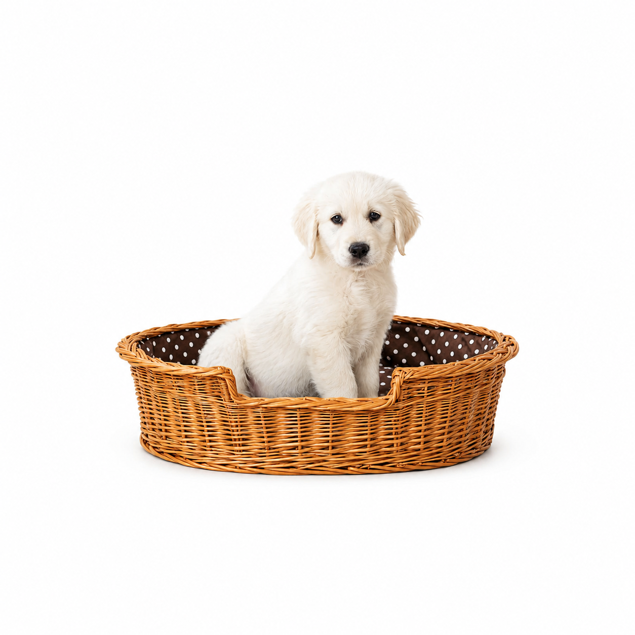 Cama para Cão Esmira em Vime Natural — Almofada Às Bolinhas, 65 × 43 cm