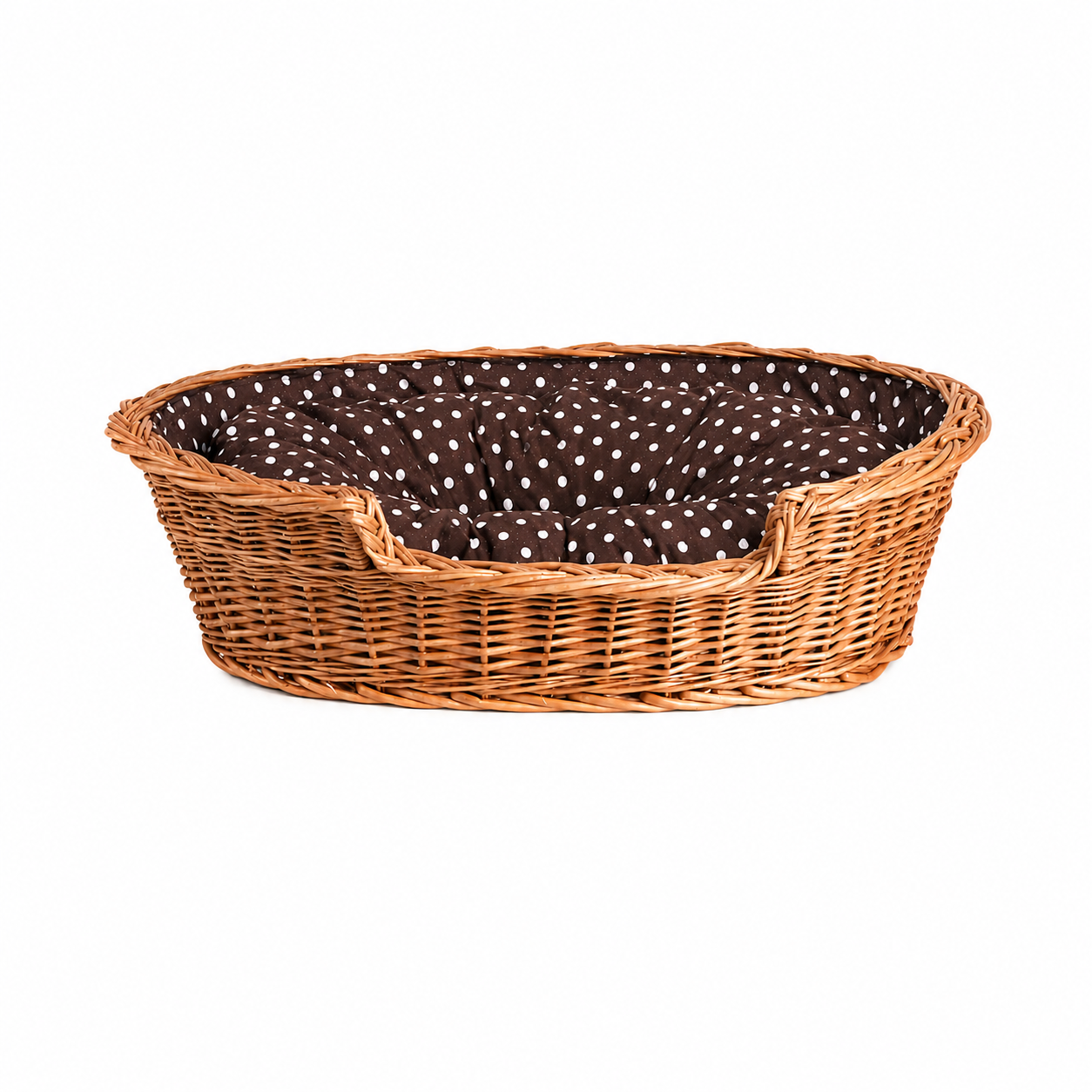 Cama para Cão Esmira em Vime Natural — Almofada Às Bolinhas, 65 × 43 cm