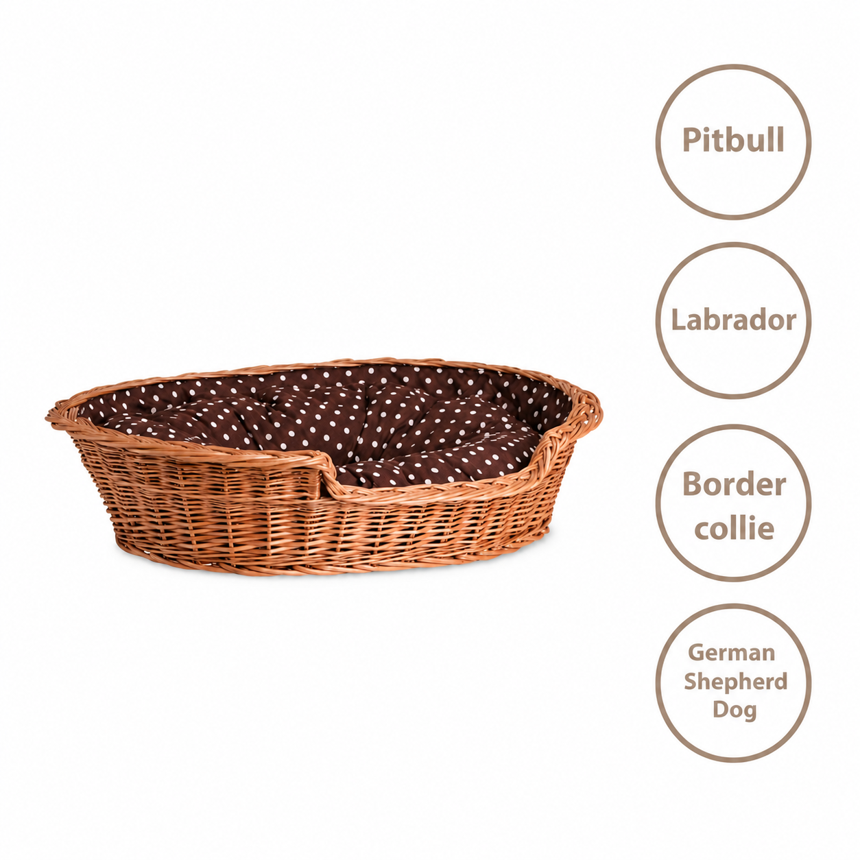Cama para Cão Esmira em Vime Natural — Almofada Às Bolinhas, 65 × 43 cm