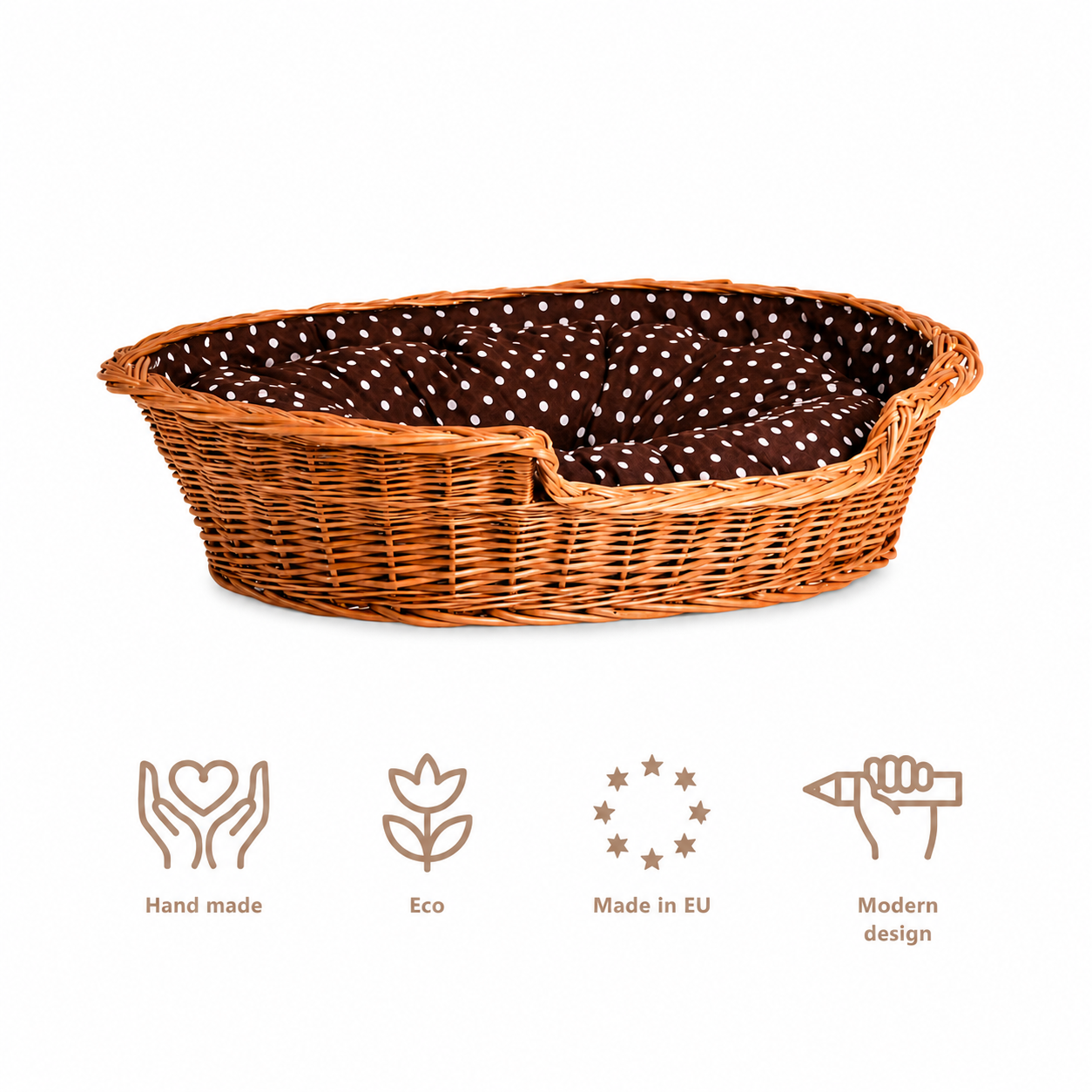 Cama para Cão Esmira em Vime Natural — Almofada Às Bolinhas, 85 × 67 cm