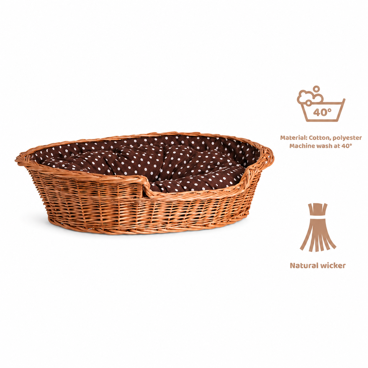 Cama para Cão Esmira em Vime Natural — Almofada Às Bolinhas, 65 × 43 cm