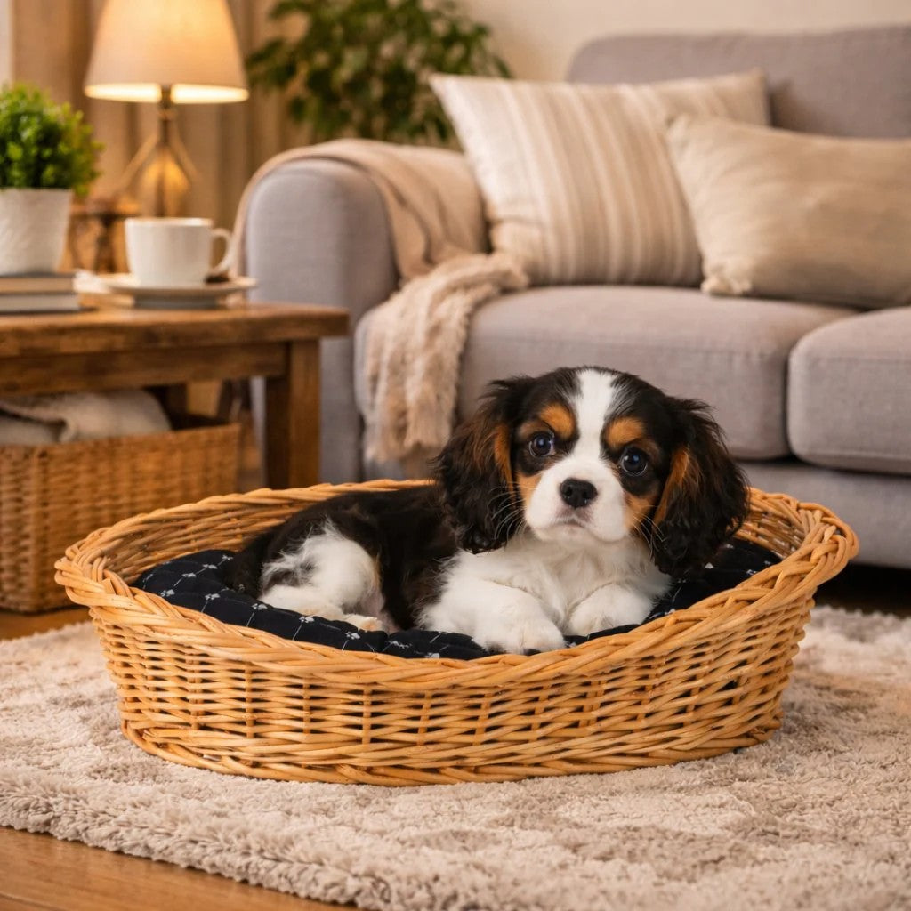 Enovia Natural Wicker Dog Bed With Black Cushion, 70x54 cm